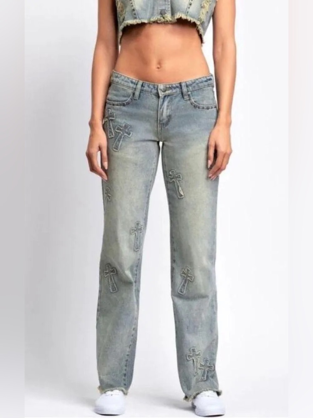 Rare Austin Landing Embroidered Cross Light Wash Midrise Straight-Leg Jeans Sz:7